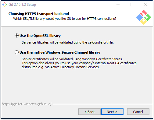 a imagem ilustra a janela de seleção do transporte backend, com 2 opções OpenSSL library e native Windows Secure Channel library.