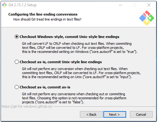 a imagem ilustra a janela de configuração de finais de linhas com 3 opções: Windows-style, commit Unix-style line endings, As-is, commit Unix-style line endings e as-is, commit as-is.
