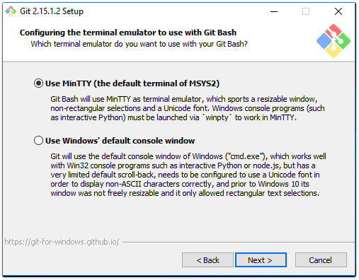 a imagem ilustra a janela de configuraçãp do emulador de terminal com 2 opções: MinTTY e Windows Default console window.