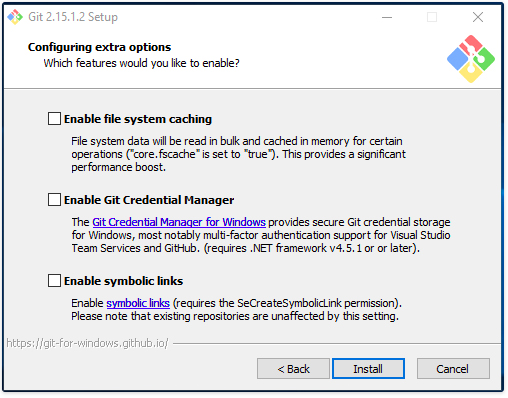a imagem ilustra a janela de configurações extras, com 3 opções: Enable file system caching, enable Git credential manager e Enable symbolic links.