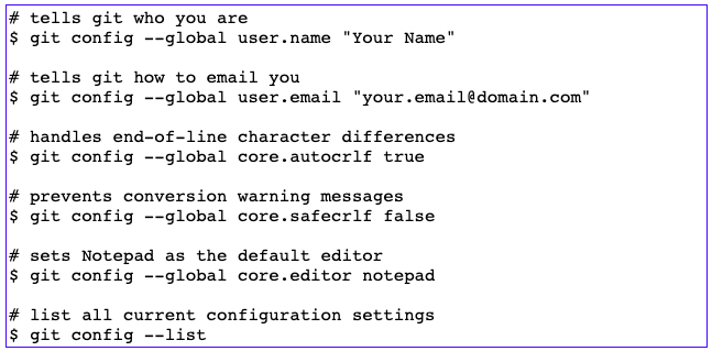 a imagem ilustra a janela de com comandos de configuração como nome, email, caracteres, mensagens de alerta, editor padrão, definições de configuração.