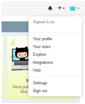 a imagem ilustra a um recorte da página do usuário com várias opções, como: Your profile, your stars, explore, integrations, help, settings e sign out.