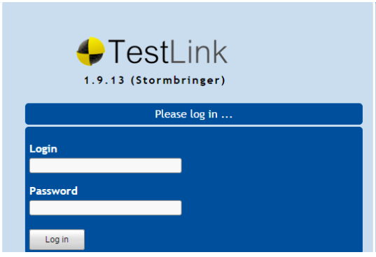 A imagem mostra um recorte da tela de login da ferramenta Testlink nela há o texto TestLink, 1.+.13 (Stormbringer). Depois mostra a mensagem: Please log in... . Abaixo mostra os campos para digitação: Login e Password, e também o botão Log in.