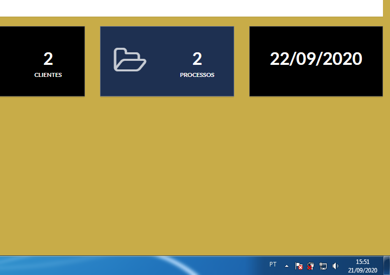 A imagem mostra uma tela com algumas informações: 2 clientes, 2 processos, 22/09/2020. E na parte inferior da tela, há a barra de tarefas do sistema operacional com alguns ícones, hora 15:51 e data 21/09/2020.
