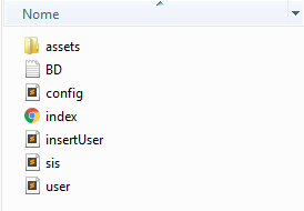 A imagem mostra uma estrutura de pasta e arquivos: pasta assets, arquivos BD, config, index, insertUser, sis e user.