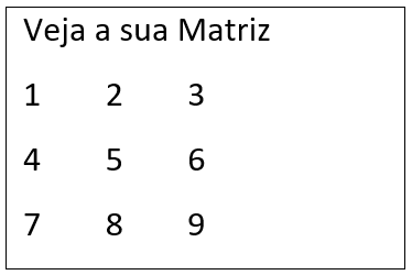  a imagem mostra a matriz, com os valores: linha 1 coluna 1: 1, linha 1 coluna 2: 2 linha 1 coluna 3: 3, linha 2 coluna 1: 4, linha 2 coluna 2: 5, linha 2 coluna 3: 6, linha 3 coluna 1: 7, linha 3 coluna 2:8 e linha 3 coluna 3: 9.