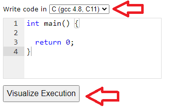 A imagem ilustra um recorte de tela do site Pythontutor mostrando o botão onde deve ser feita a modificação do parâmetro para a linguagem C e o compilador GCC 4.8, um código com 4 linhas e o botão Visualize Execution.